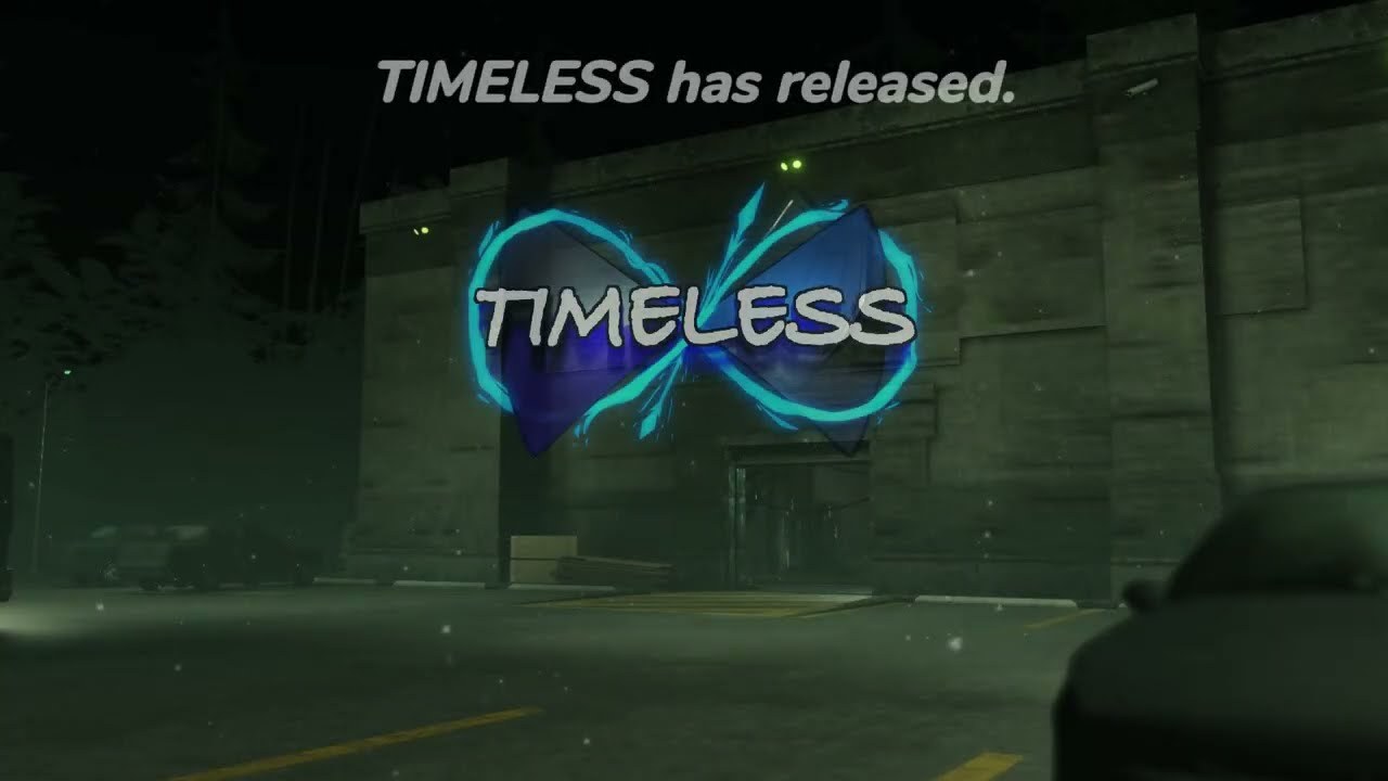 Night-time TIMELESS map exterior with the official infinity-loop logo after full release